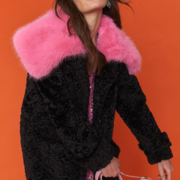 Faux Fur Midi Coat with a Pink Oversized Collar